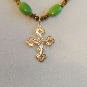 Sterling silver cross handmade green & blue glass beads 26" long